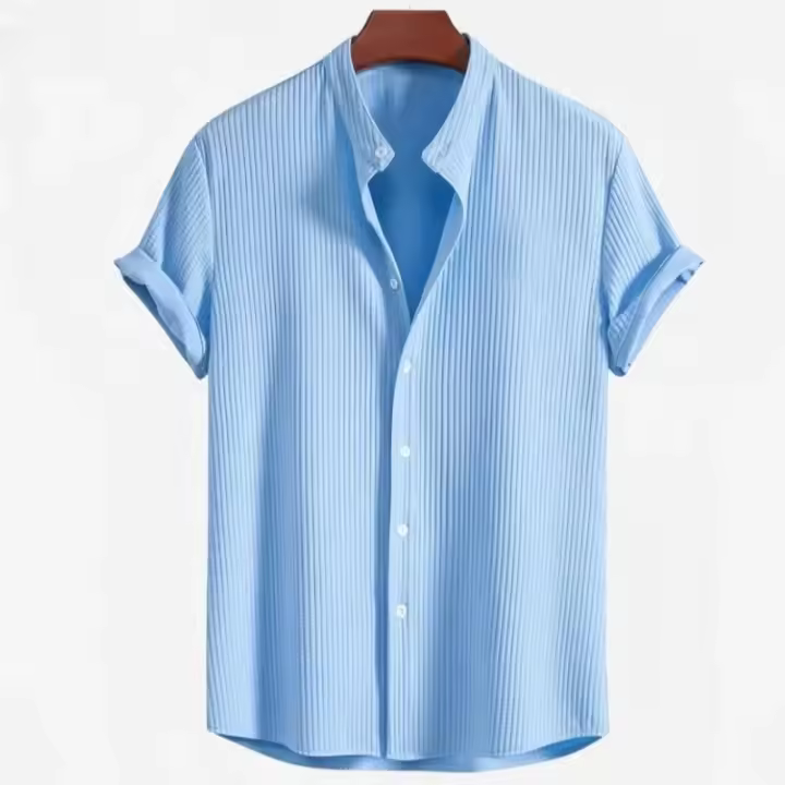 Camisa de manga corta a rayas Vtical para hombre con cuello alto, Top holgado informal de gran tamaño a la moda para playa, Color sólido, - 1