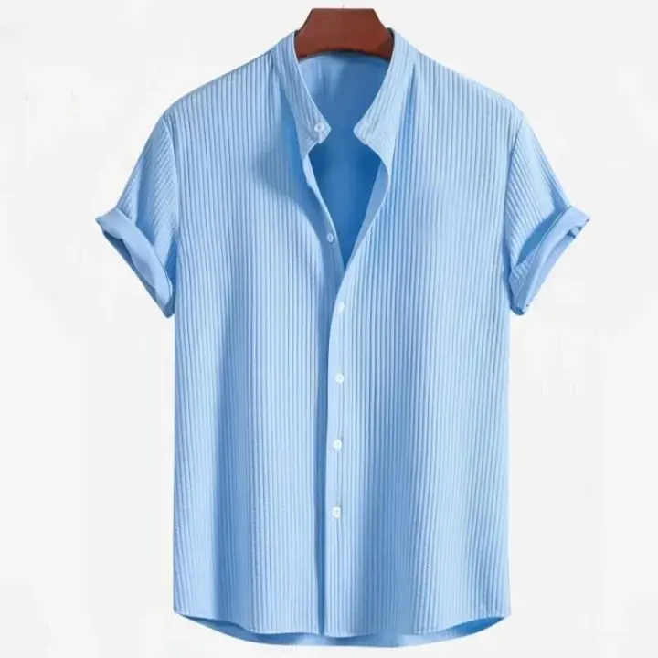 Camisa de manga corta a rayas Vtical para hombre con cuello alto, Top holgado informal de gran tamaño a la moda para playa, Color sólido, - 1