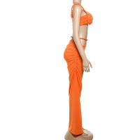 BUNO-Conjunto de 2 piezas de tejido para mujer, camisolas cortas plisadas lisas impresionantes + faldas largas de cintura alta, traje de vacaciones de tendencia femenina - details 74
