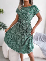 Spring Summer Women Short Sleeve Pleated Long Dress Elegant High Waist Floral Fashion A-line Dress - details 10