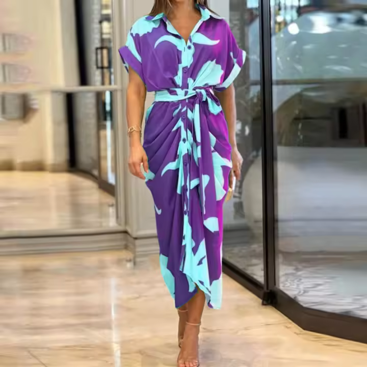 Vestido de Camisa Larga de Cintura Alta para Mujer Otoño 2025 Estilo Europeo Americano Impreso Transfronterizo Cuello de Solapa Manga Corta - 1