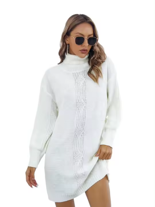 Mini Dses de cuello alto de ganchillo para mujer, Color sólido, suelto, elegante, manga larga, fiesta, punto femenino - 1