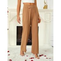 Acampanado para mujer, botones cruzados lisos, pierna recta, cintura alta, pantalones casuales de algodón elástico cómodo - details 7