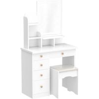 Juego de tocador con espejo rectangular, tocador de maquillaje con 5 cajones, estantes, tocador y taburete acolchado (B blanco/espejo iluminado) - details 11