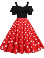 Vestido de fiesta Vintage elegante con hombros descubiertos, vestidos Midi de línea A con volantes y lunares de verano para mujer - details 10