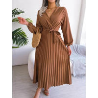 Vestido largo plisado con dobladillo grande para mujer, vestido cruzado de Color liso con cuello en V, moda de primavera y verano - details 3