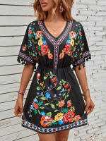 Vestido de vacaciones corto ceñido a la cintura con temperamento estampado de estilo étnico 2025 - details 8