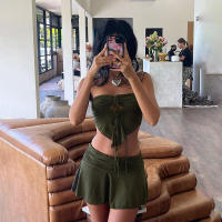 BUNO-Conjunto de 2 piezas de tendencia verano, Tops fruncidos sin tirantes + faldas con cintura fruncida, ropa elástica a juego para vacaciones en la calle - details 1