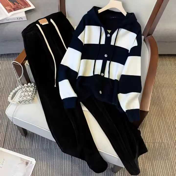 Conjunto de 2 Piezas para Mujer Cárdigan Informal de Punto, Suéter con Capucha, Cintura Elástica, Pantalones de Pierna Ancha, Chándal, Primavera y Otoño - 1
