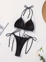 Conjunto De Bikini De Dos Piezas De Moda De Color Sólido, Con Cuello Halter, Triángulo Sin Espalda Y Lazos Laterales - details 27