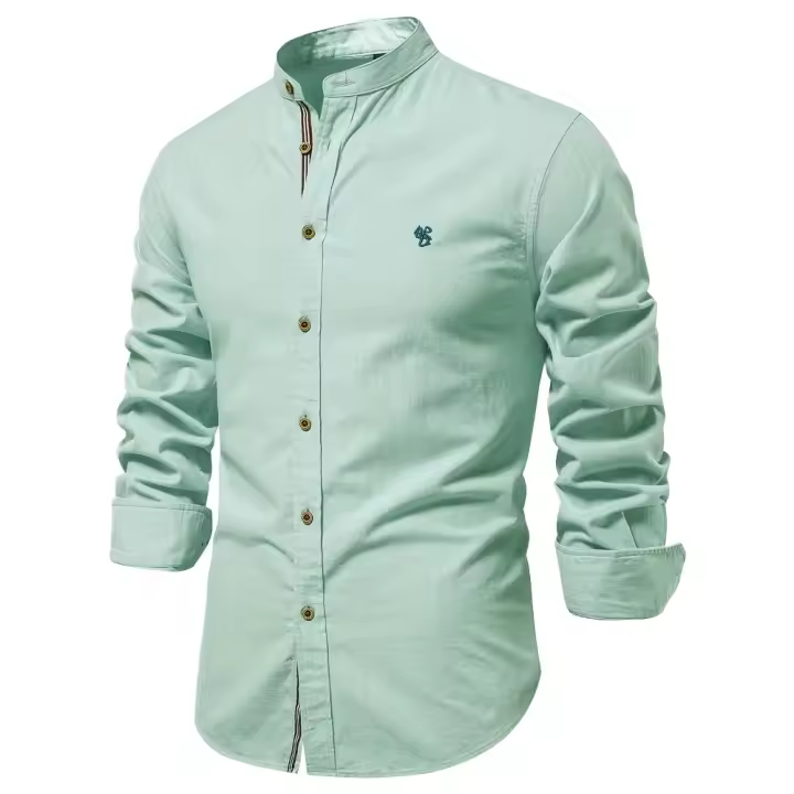 día del padre Otoño Nueva camisa social 100% algodón para hombre Camisa de manga larga de color sólido de alta calidad para hombres Camisas casuales con cuello alto para hombres - 1