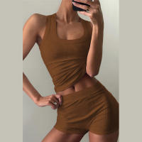 BUNO-chándales informales para Mujer, conjunto de 2 piezas, chalecos cortos elásticos con cuello en U y pantalones cortos acanalados, ropa deportiva concisa para gimnasio - details 6