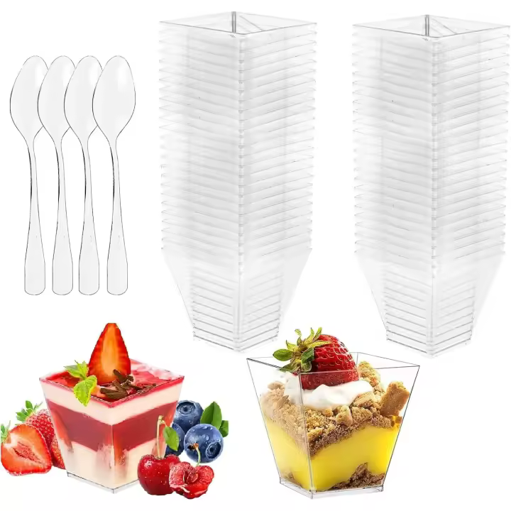 50 Piezas 2oz/60ml Vasos de postre con Cucharas, tazas de postre de plástico Reutilizables Vasitos para Postres Transparentes para Pudín, Mousse, Helado, Cumpleaños, Bodas - 1