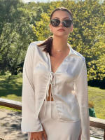 BUNO-Camisa con cordones y lazo con cuello en V, camisas de gasa con solapa de manga larga y textura satinada de seda, blusa holgada informal a la moda, cárdigan, Top para mujer - details 1