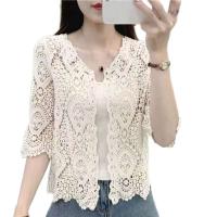 Cárdigan de punto corto de ganchillo hueco Ence para mujer, floral, mangas 3/4, frente abierto, F3MD - details 2