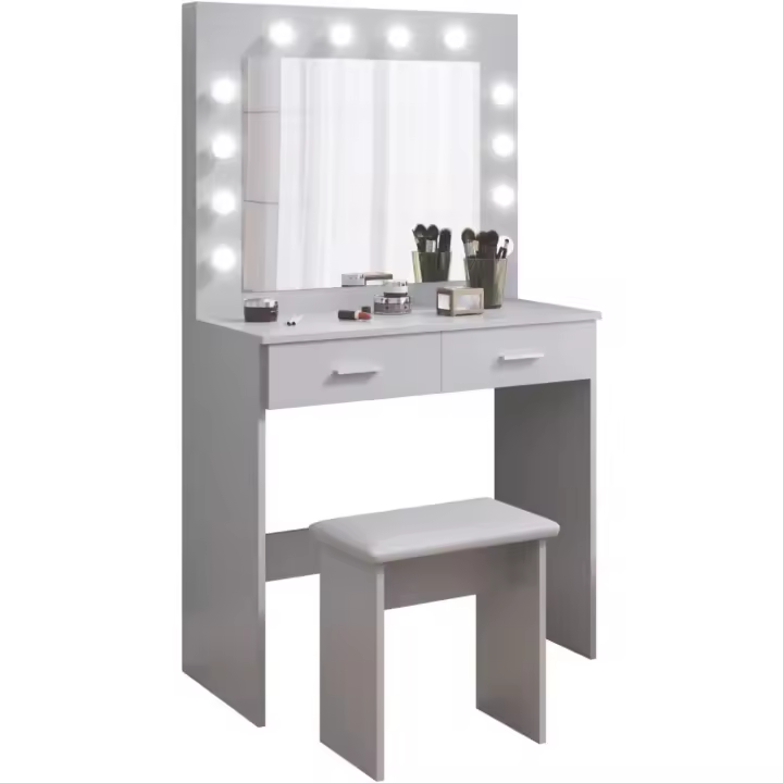 Maquillaje con Hollywood LED Espejo 2 Cajones Grans y Taburete 80x40x140cm (Gris) - 1
