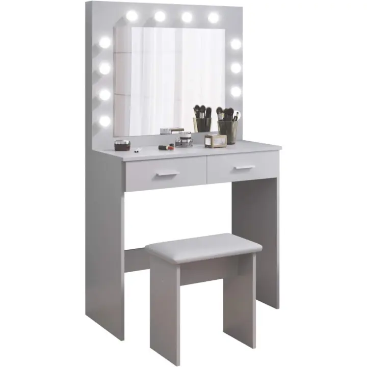 Maquillaje con Hollywood LED Espejo 2 Cajones Grans y Taburete 80x40x140cm (Gris) - 1