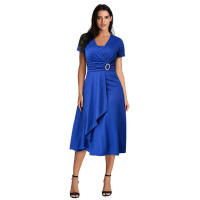 Elegante fiesta midi para mujer en color liso con cuello en V y cintura definida, vestido de noche asimétrico de manga corta - details 2