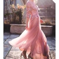 Vestidos de noche Escote redondo en gasa, elegantes apliques de tul de media manga para fiesta formal, hasta el suelo, sin espalda con - details 4
