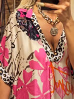 Vestido Midi Casual con Cuello en V Estampado de Leopardo para Mujeres Manga Corta Moda de Verano - details 4