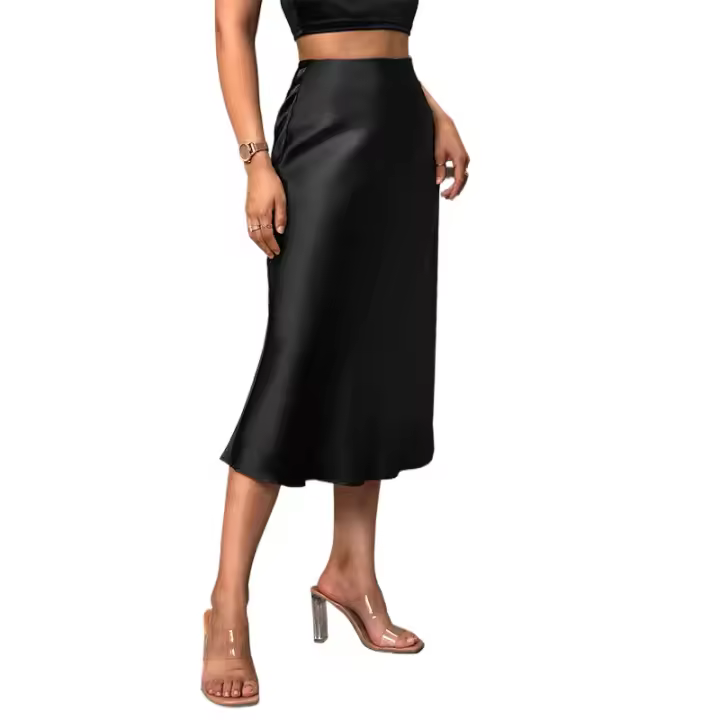 Faldas de satén para mujer, champán, oficina, cintura alta, corte en A, falda tubo larga elegante - 1