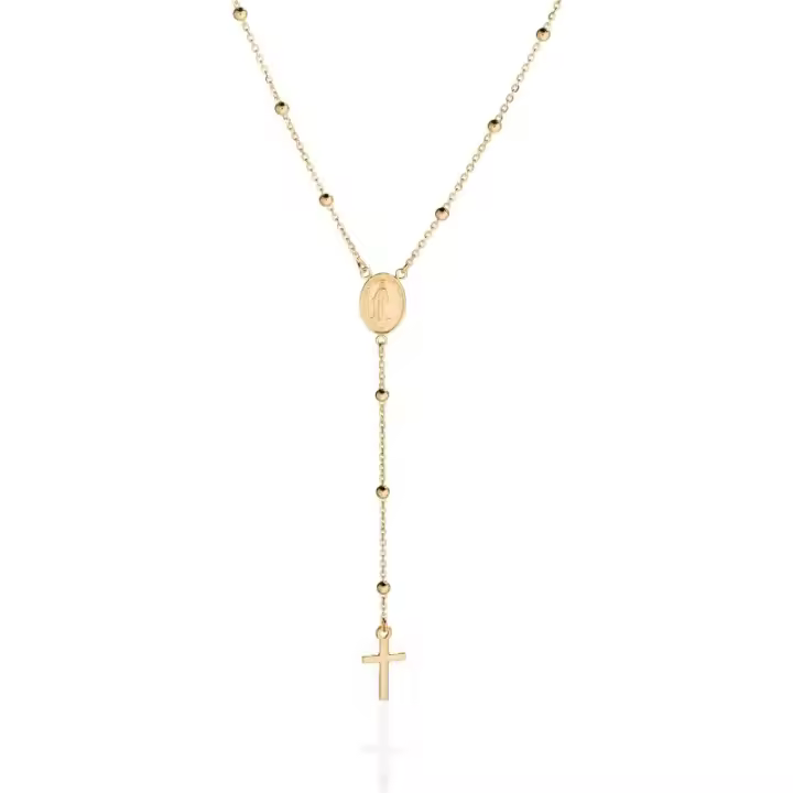 Collar de Oro de 18 Quilates con Cuentas de Rosario Cruz y Cadena Joyería de Plata de Ley para Hombres y Mujeres 18,90 pulg - 1