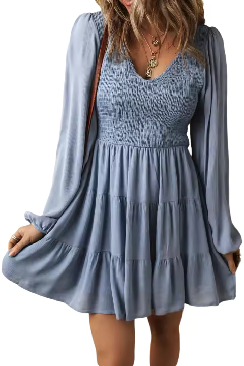 Elrachen Mini vestido escalonado fruncido con cuello en V para mujer, azul Ashleigh, tallas S-XL - 1