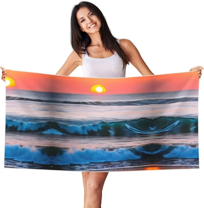 Toalla de playa con estampado de ondas, puesta de sol, toallas de baño VIES de secado rápido para hombres y mujeres, deportes, hotel - 1