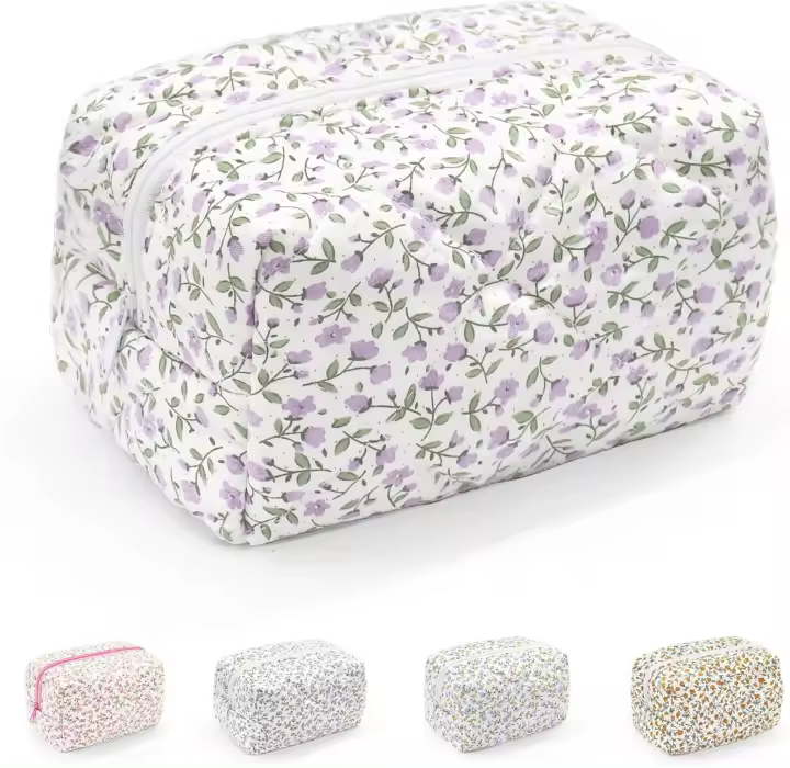 Bolsa de maquillaje pequeña, bolsa de aseo portátil de algodón, bolsa de cosméticos floral acolchada, bolsa organizadora de lavado para mujeres, niñas y mujeres (púrpura) - 1