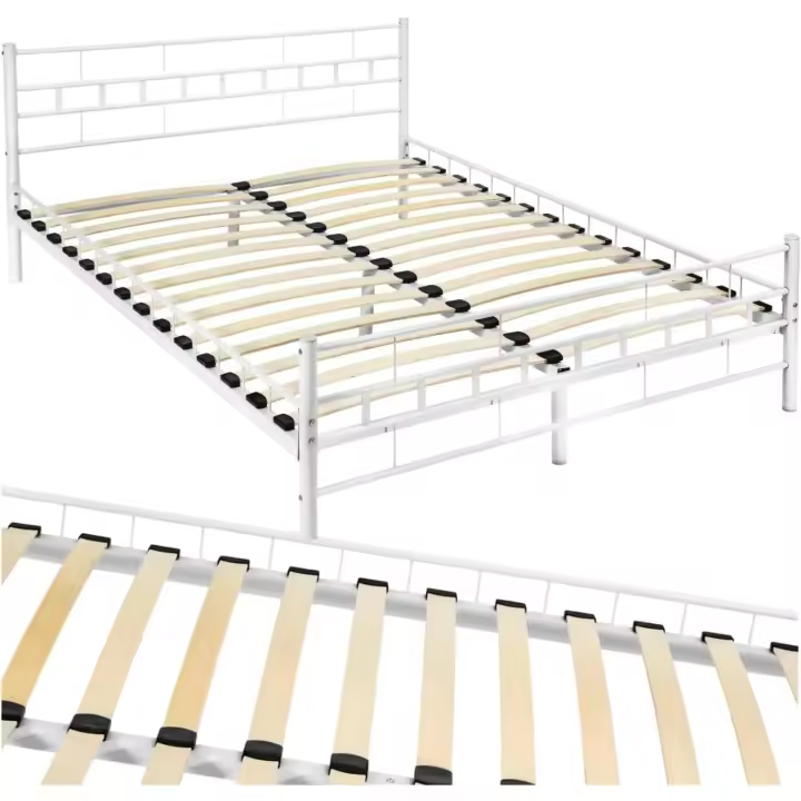 Cama Matrimonio Estructura de Acero Robusto con Somier de Láminas de Madera, Muebles de Dormitorio, Cama Completa, Resistente, Fácil de Limpiar, Base de Cama - 140 x 200 x 76 cm Blanco - 1