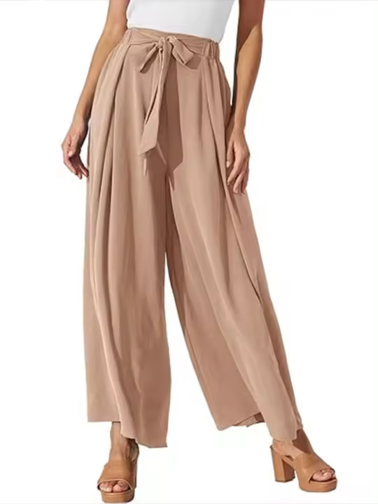 Mujeres lisas elegantes y con estilo, pantalones sueltos cómodos, pantalones de pierna ancha con cordón de cintura alta para verano - 1
