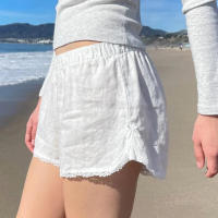 Pantalones cortos básicos cómodos e informales sueltos con botones de cintura elástica tejidos a rayas de verano para mujer - details 26