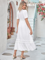 Vestido largo de encaje formal con cuello en V para mujer, con volantes y flecos, manga corta, estilo bohemio, para invitados de boda - details 16