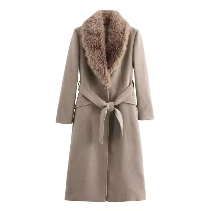 TRAFZA mujer nueva moda elegante manga larga bolsillo Casual prendas de vestir exteriores mujer invierno otoño cuello de piel cinturón decorar chaqueta abrigo - 1