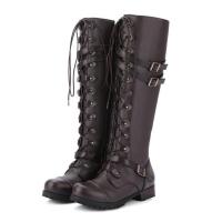 Botas de cuero con punta redonda y hebilla para mujer, botas planas con remaches y cordones, botas altas de caballero, otoño e invierno - details 4