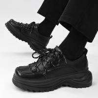 Zapatos Casuales de Cuero para Hombres Nuevos, Diseño de Cabeza Cuadrada, Suela Gruesa, Correas Personalizadas, Negro Puro - details 4