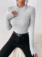 Top de punto de manga larga con cuello con volantes, camiseta interior a rayas con cuello medio para mujer, suéter informal de otoño-invierno - details 1