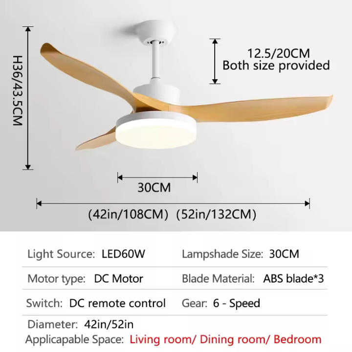 Ventilador de techo de 52 pulgadas con 3 aspas de ABS, motor de cobre puro de 35W CC, luz LED de 60W, compatible con control remoto y vientos fuertes. - 1