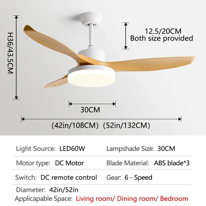 Ventilador de techo de 52 pulgadas con 3 aspas de ABS, motor de cobre puro de 35W CC, luz LED de 60W, compatible con control remoto y vientos fuertes. - 1