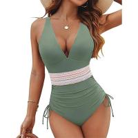 con control de barriga para mujer Traje de baño modesto adelgazante de una pieza con cordón de bloque de color - details 14