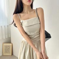 Vestido de tirantes de verano para mujer, falda acampanada plisada de cintura alta, vestido largo coreano Sle Pure Desire, cuello cuadrado, viaje dividido - details 4