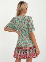 Falda Mini Casual con Estampado Elegante Corte A-Línea, Tirante Grande, Cintura de Encaje Bohemio, Mangas Abullonadas, Venta de Liquidación Asequible - details 5