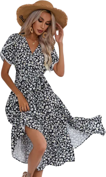 Vestido de verano Retro bohemio para mujer, manga corta, estampado básico, ventilación, Negro S - 1