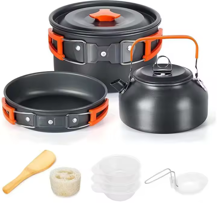 Juego de Cocina al Aire Libre de Aluminio Pañuelo de Malla, Utensilios de Cocina Plegables con Tetera y Sartenes - 1