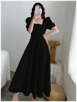 Elegante Vestido Largo Adelgazante para Mujer Manga Abullonada, Cuello Cuadrado, Ligero para el Verano con Falda Blanca Ajustada a la Cintura - details 14
