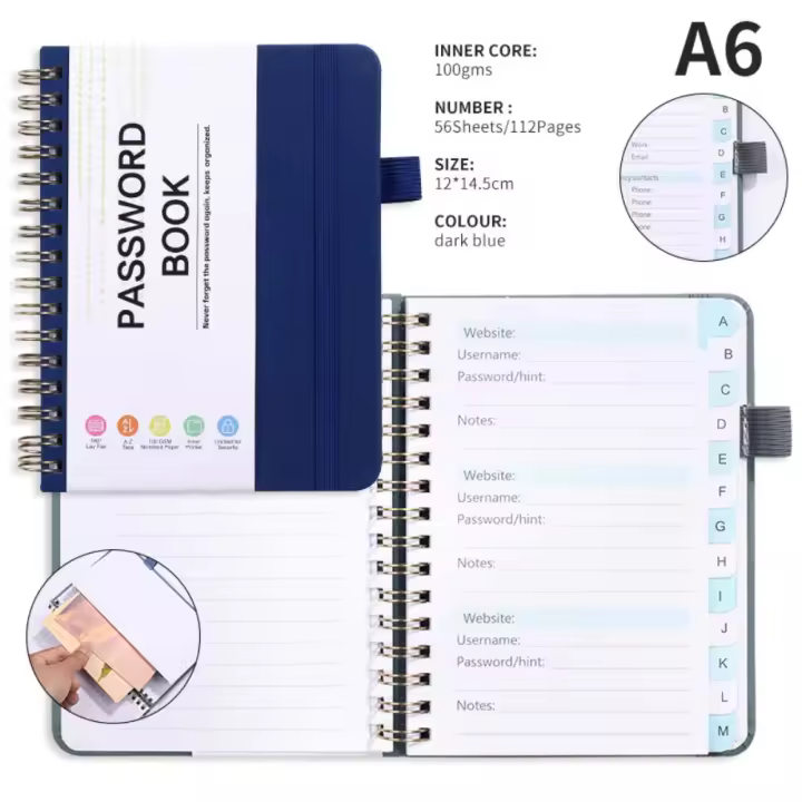 Con pestañas alfabéticas, bolsillo para guardar contraseñas, libro en espiral, tamaño A6/B6, cuaderno para guardar contraseñas, portátil, ahorro de sesiones de inicio de sesión en sitios web - 1