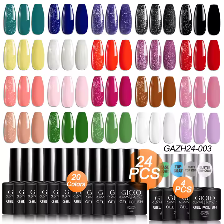 Juego de esmaltes de uñas de gel de 24 piezas con nueva base superior con purpurina, kit de capa superior mate, azul, amarillo, verde, rojo, color brillante, juego de manicura de esmalte de uñas de gel adecuado para todas las estaciones, salón de uñas en - 1