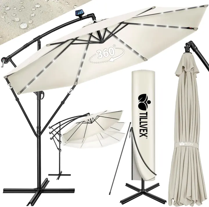 Parasol Excentrico de Sombrilla con 32 Luces LED Solar Giratorio 360º, Protección UV - 1