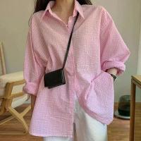 Camisa coreana para mujer, camisa de manga larga con protección solar, holgada, informal, de un solo pecho, con cuello vuelto a cuadros, de verano - details 4