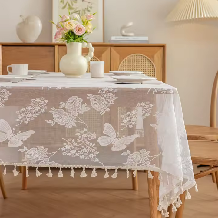 Mantel de encaje blanco translúcido con estampado de flores y mariposas, cubierta de mesa con borlas, tela decorativa para mesa bordada - 1
